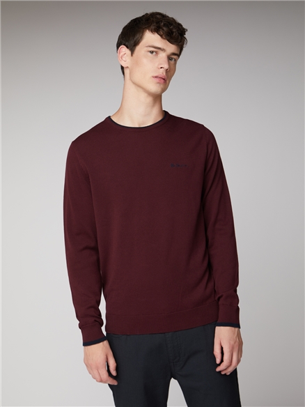 Mens Burgundy Tipped Crew Neck Jumper | Ben Sherman | Est 1963