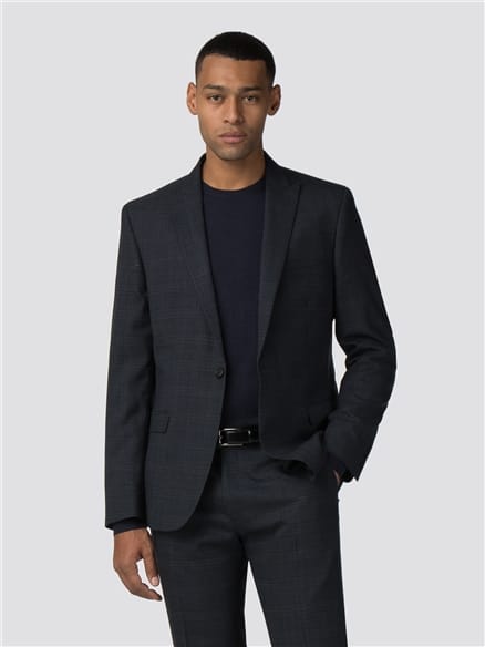 Deep Blue Textured Check Stretch Camden Fit Jacket