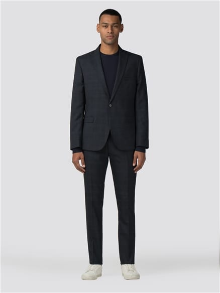 Deep Blue Textured Check Stretch Camden Fit Jacket