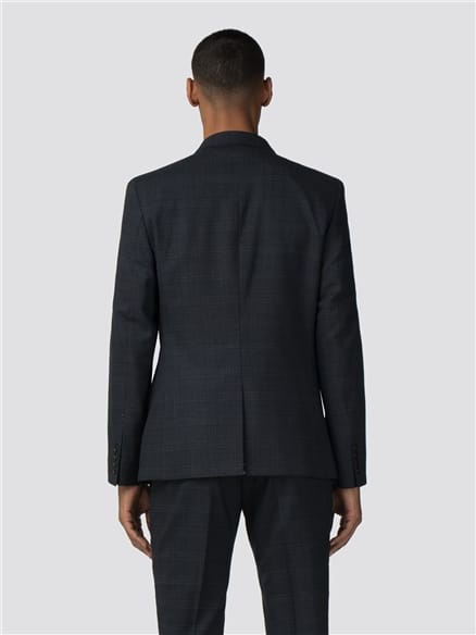 Deep Blue Textured Check Stretch Camden Fit Jacket