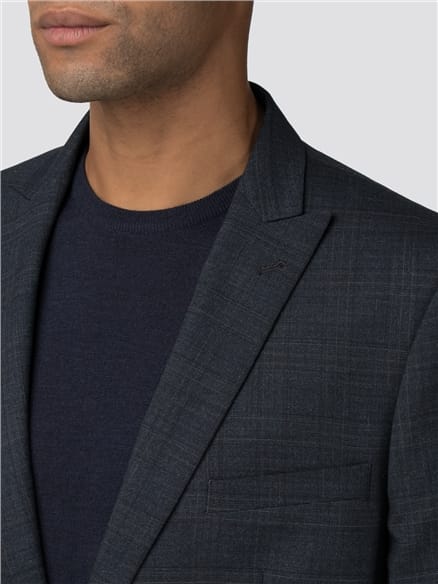 Deep Blue Textured Check Stretch Camden Fit Jacket