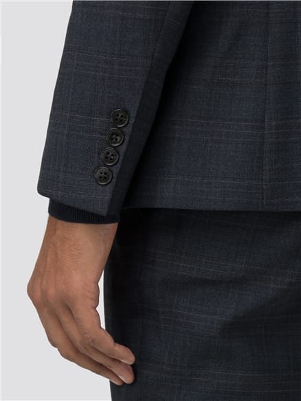 Deep Blue Textured Check Stretch Camden Fit Jacket