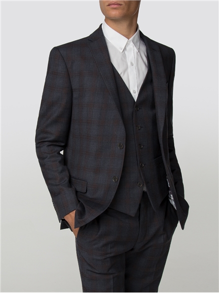 Navy Rust Check Slim Fit Suit Jacket