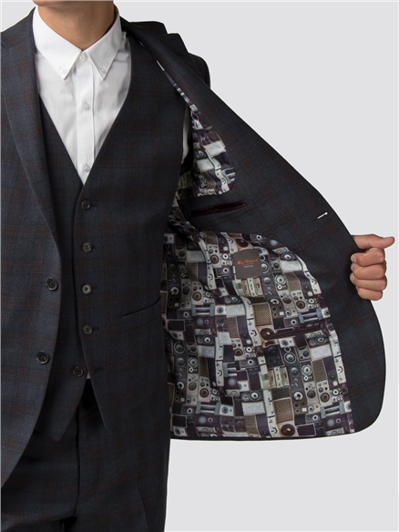 Navy Rust Check Slim Fit Suit Jacket