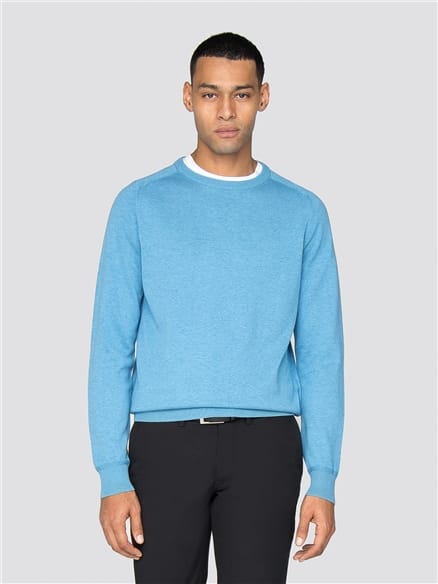 Blue Cotton Knitted Crew Neck Jumper