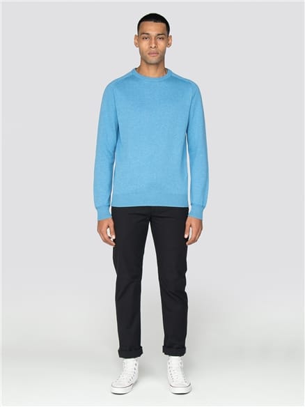 Blue Cotton Knitted Crew Neck Jumper