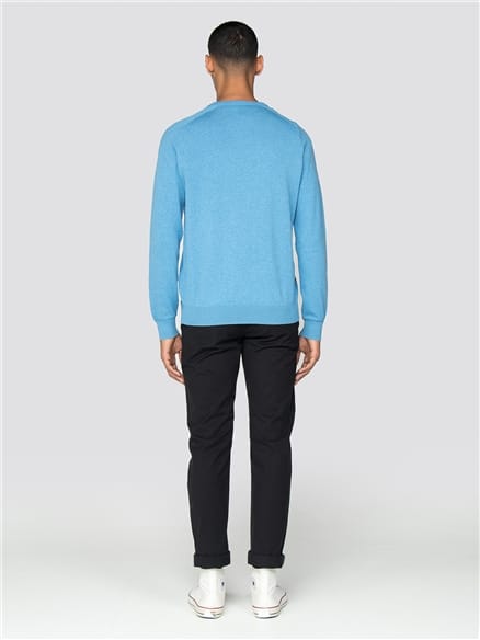 Blue Cotton Knitted Crew Neck Jumper