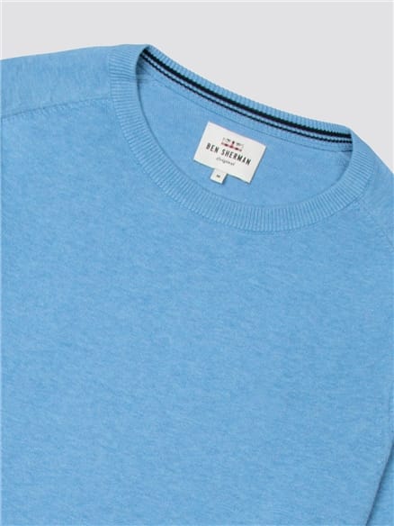 Blue Cotton Knitted Crew Neck Jumper