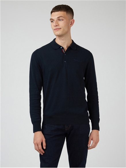 Men's Dark Navy Long Sleeve Knitted Polo Shirt | Ben Sherman