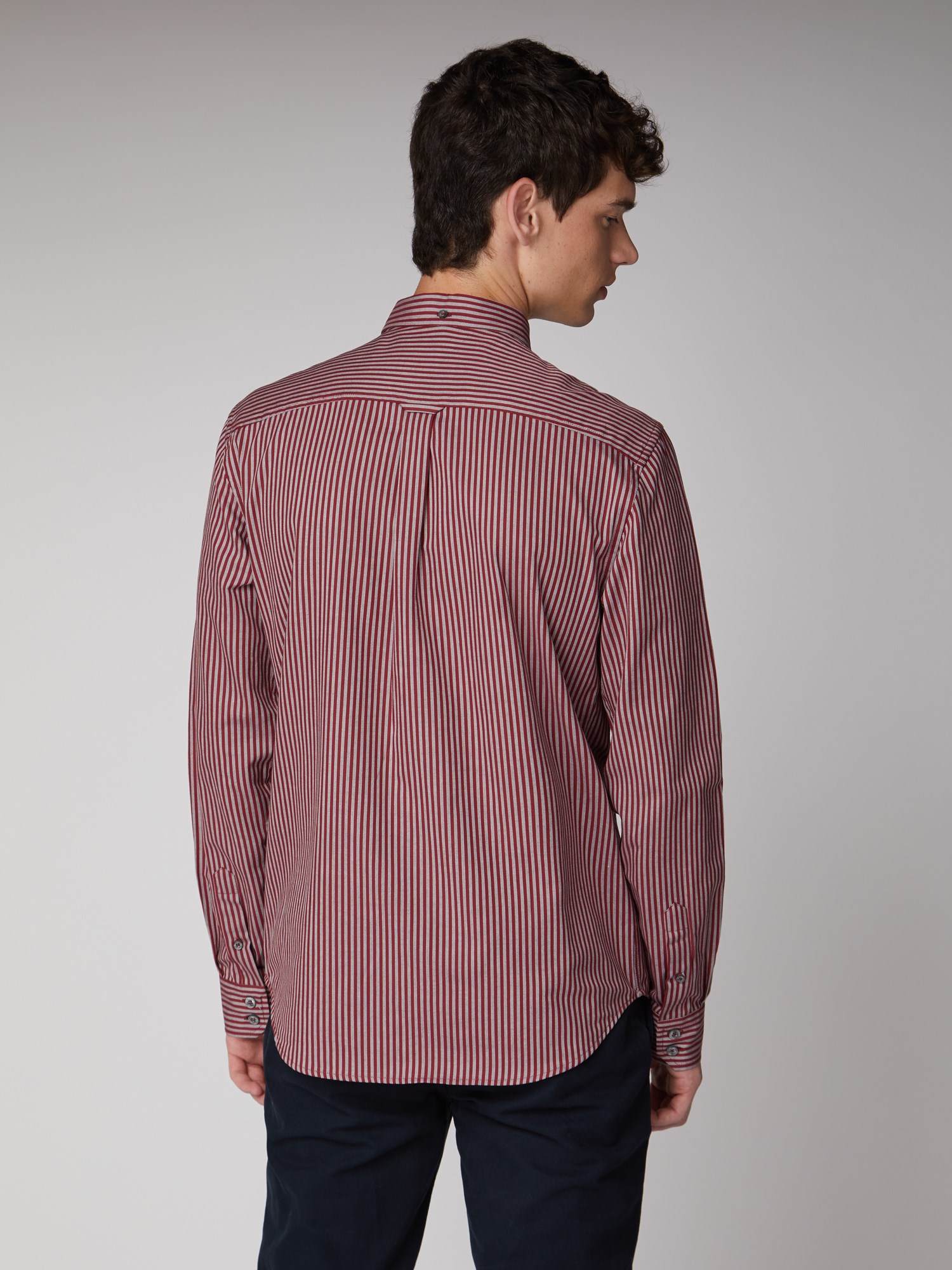 red and grey striped shirt