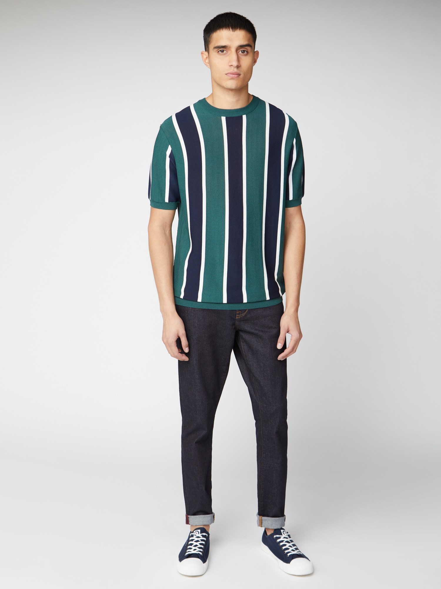 Perry Ellis Maglione Uomo Girocollo Maniche Corte Con Righe Verticali - Vestibilità Regolare