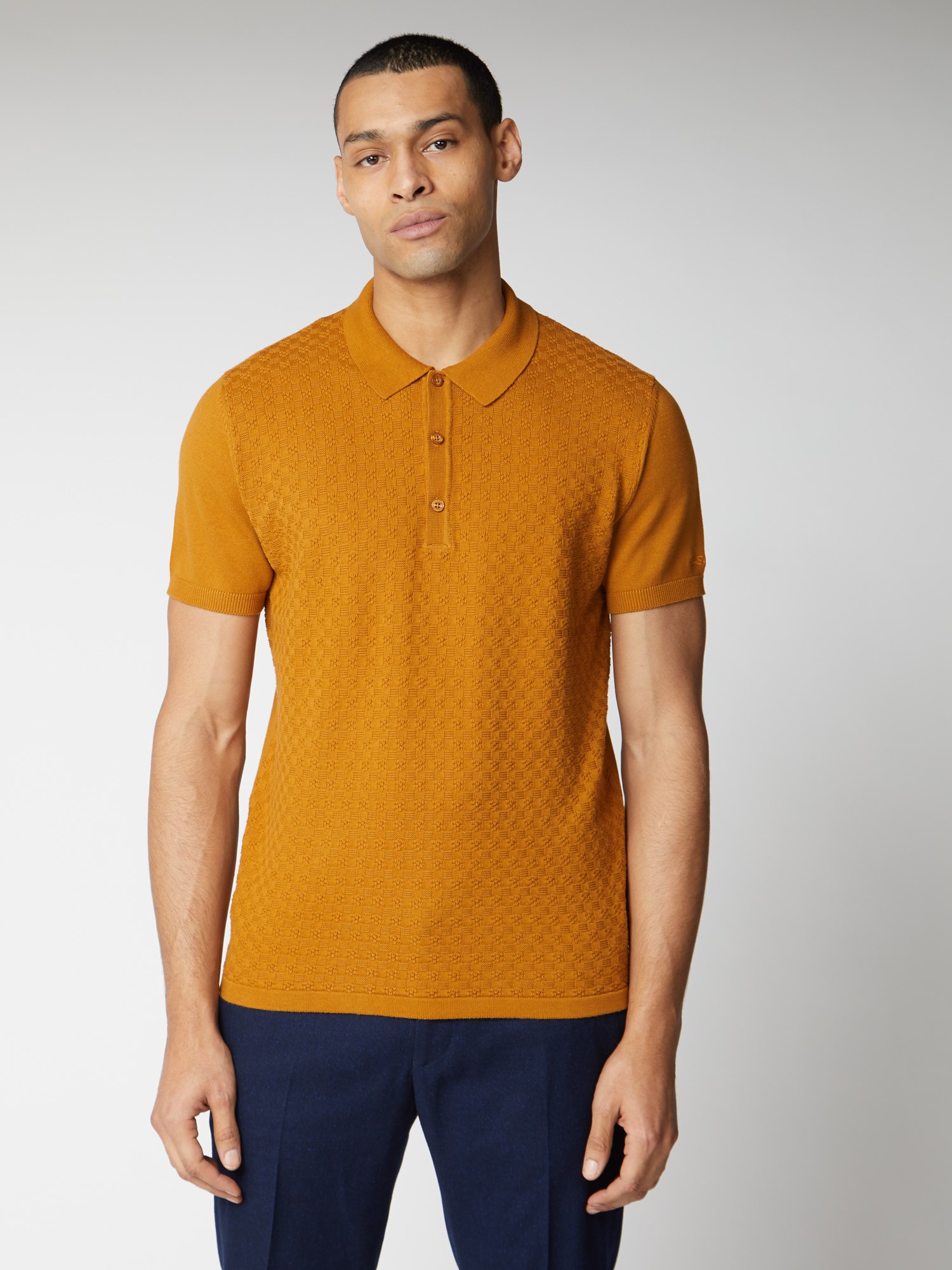 Men's Yellow Textured Knit Polo Shirt Ben Sherman Est 1963