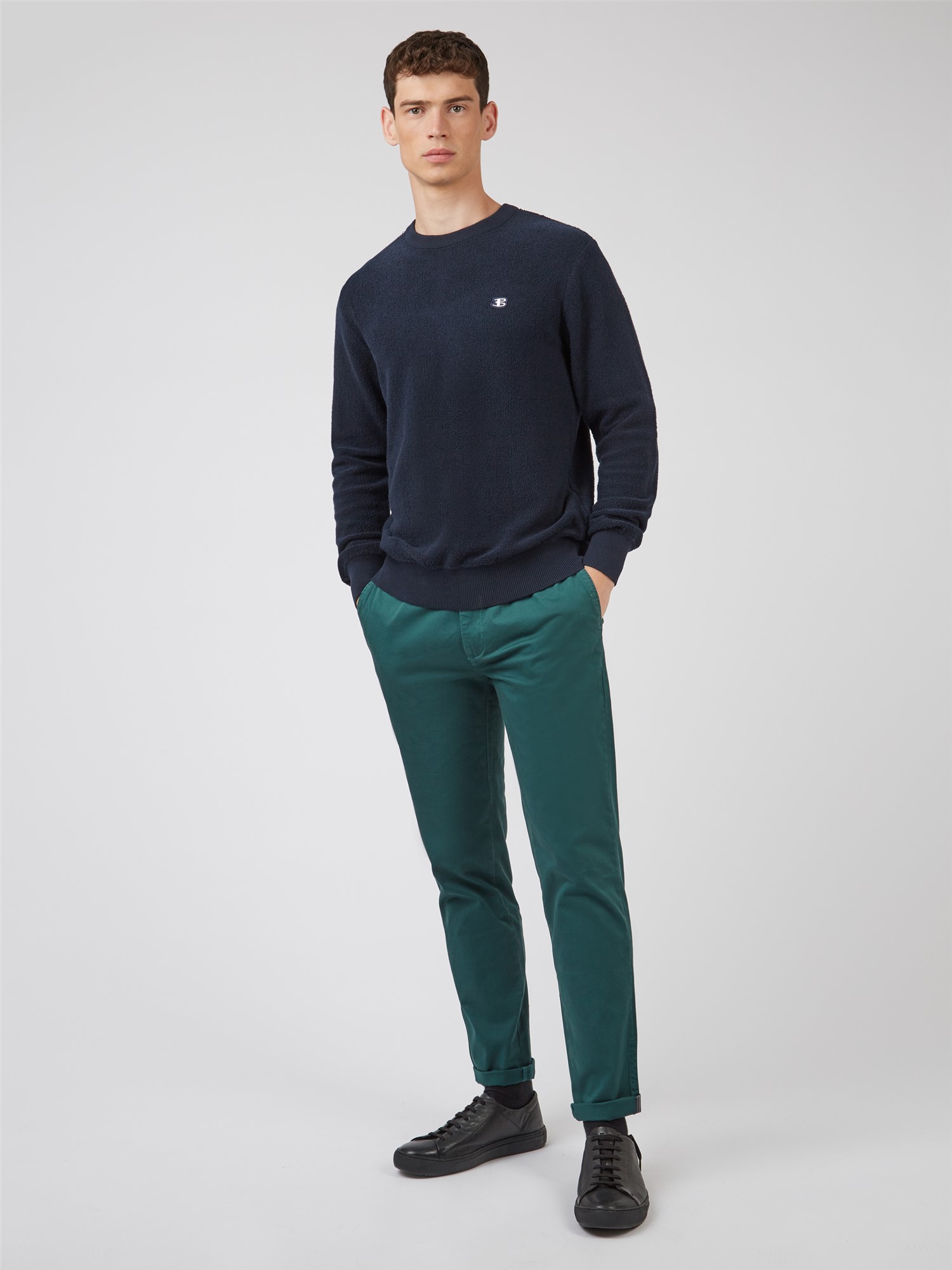 Towelling Texture Crew Neck Jumper - Dark Navy