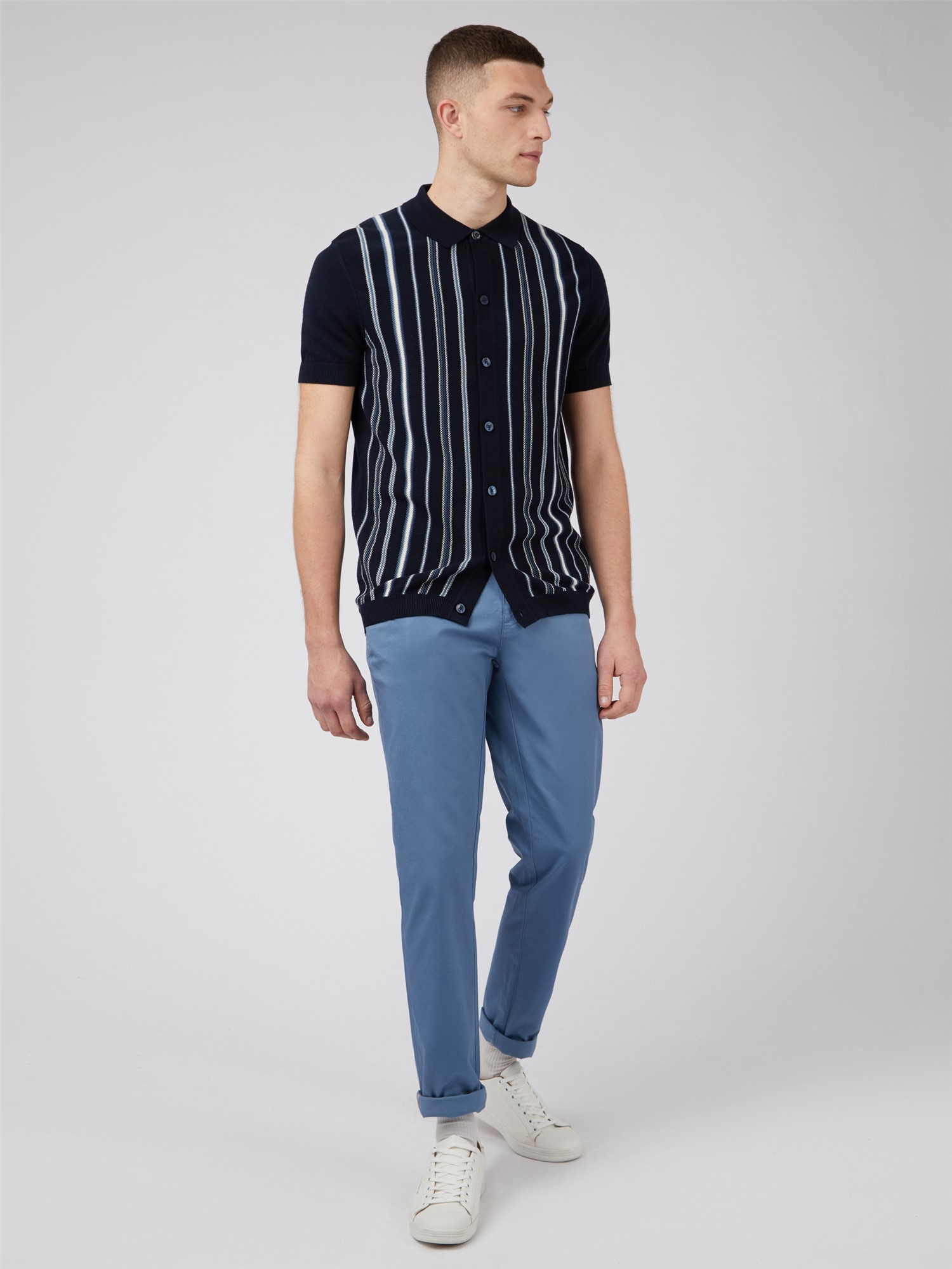 Stripe Button Through Polo - Dark Navy