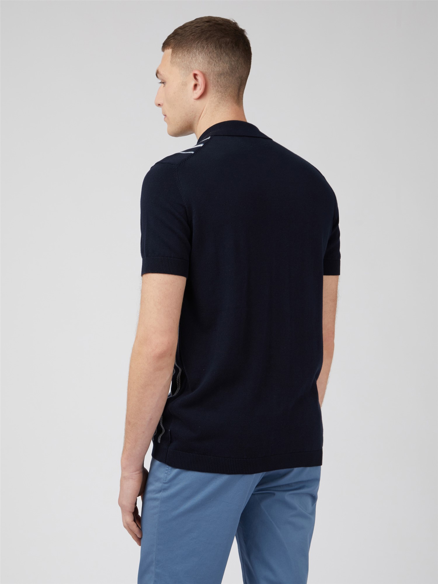 Stripe Button Through Polo - Dark Navy