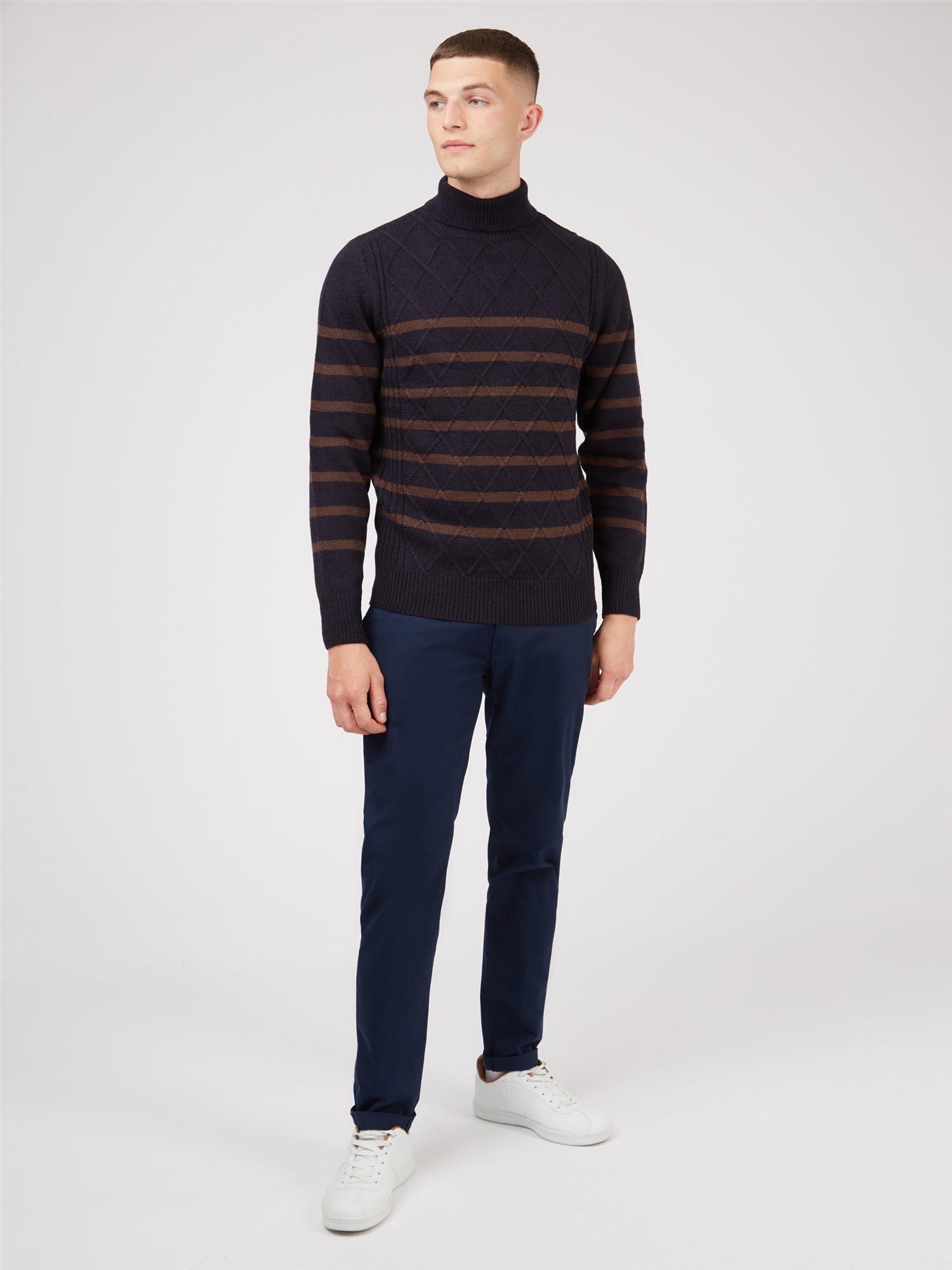 Ben Sherman Dark Navy Stripe Textured Roll Neck Jumper