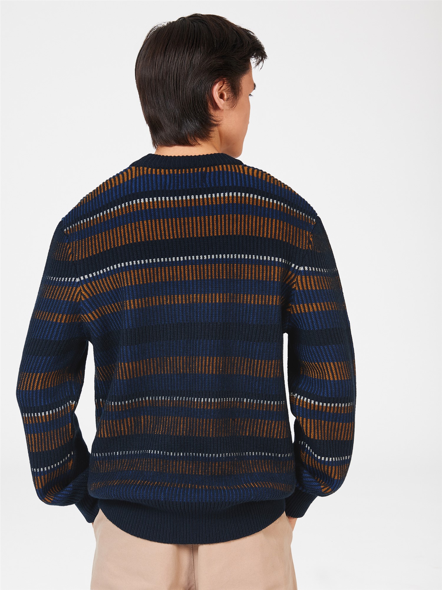 Knitted Stripe Crew Neck Jumper - Dark Navy
