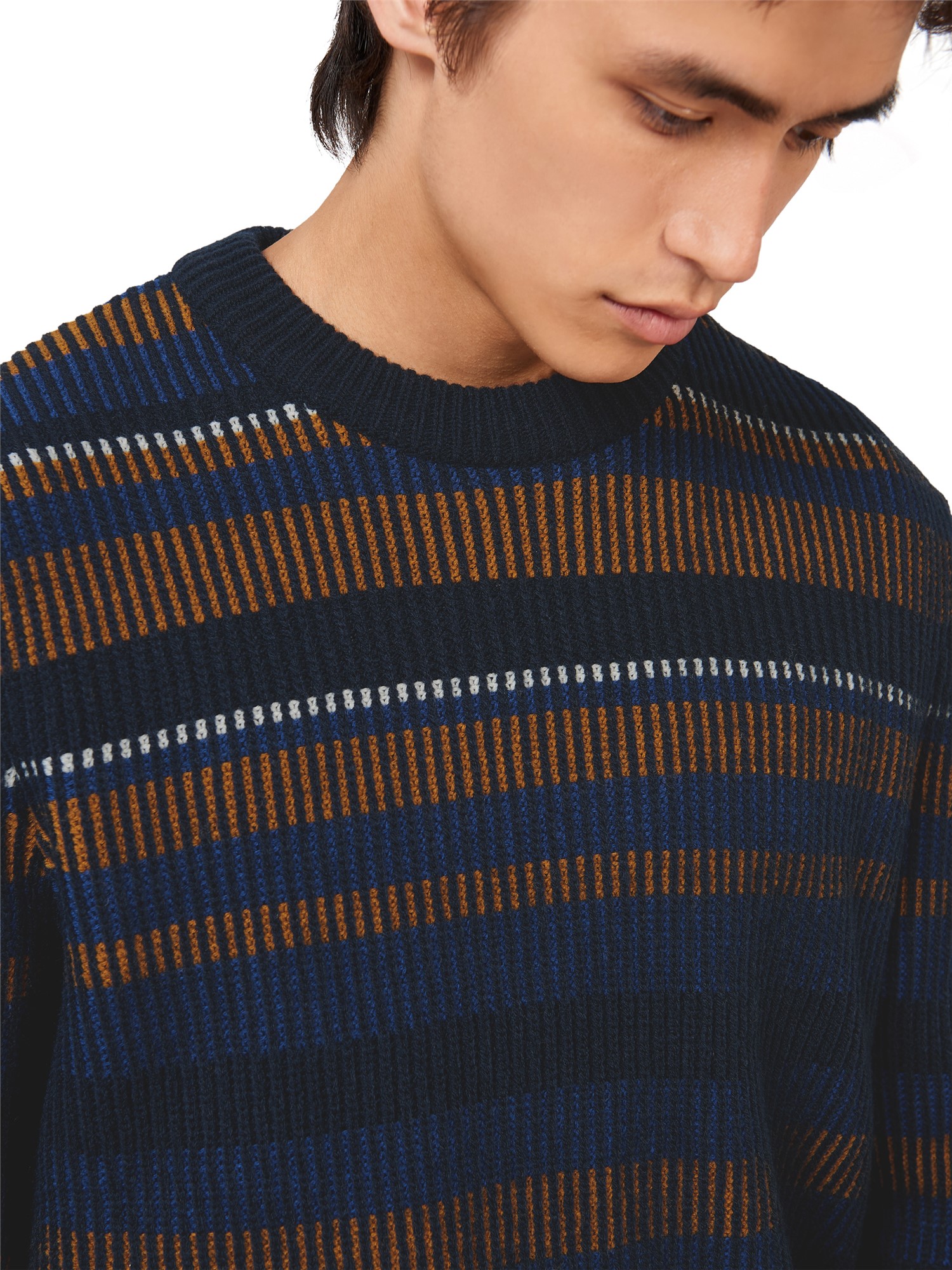 Knitted Stripe Crew Neck Jumper - Dark Navy