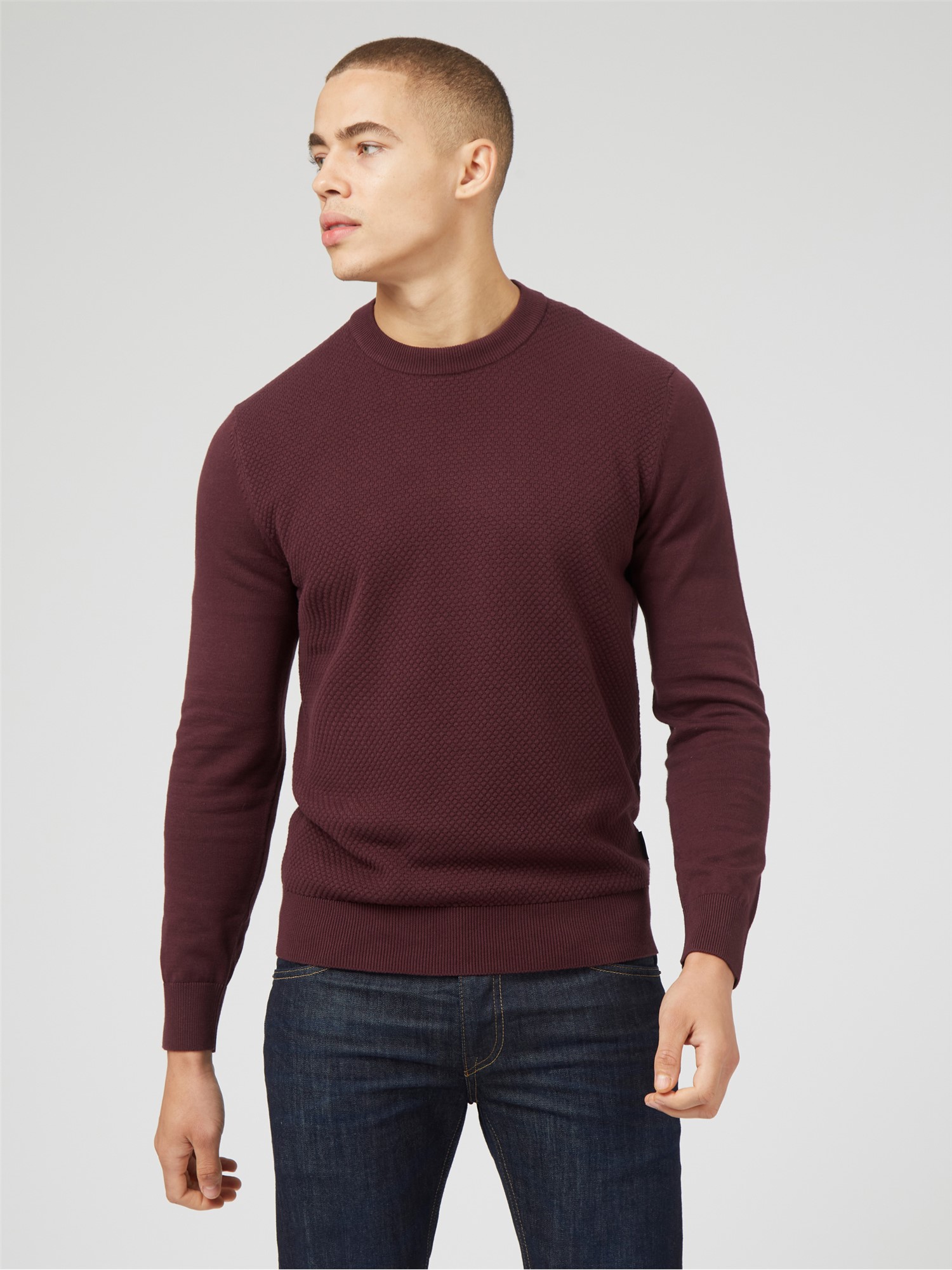 Textured Front Crew Neck Jumper - Wine