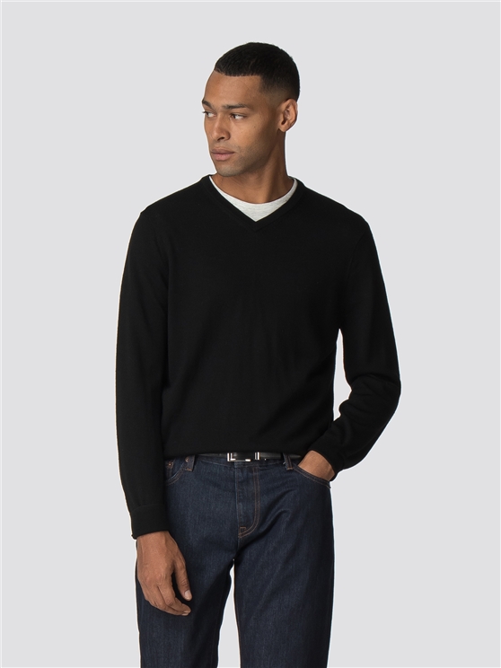 Black Merino V Neck Jumper