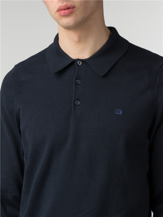 Navy Cotton Long Sleeve Polo