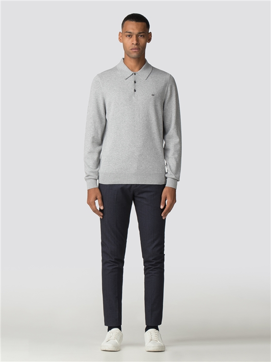 Mid Grey Marl Cotton Long Sleeve Polo