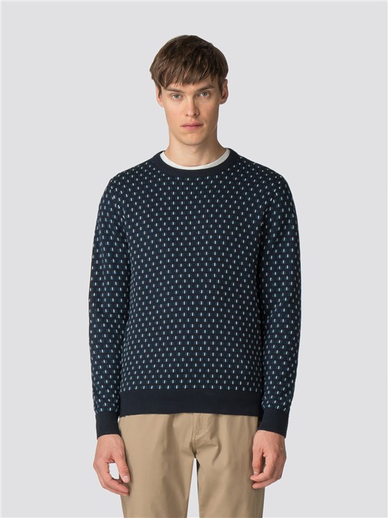 Navy Geo Knit Crew Neck Jumper