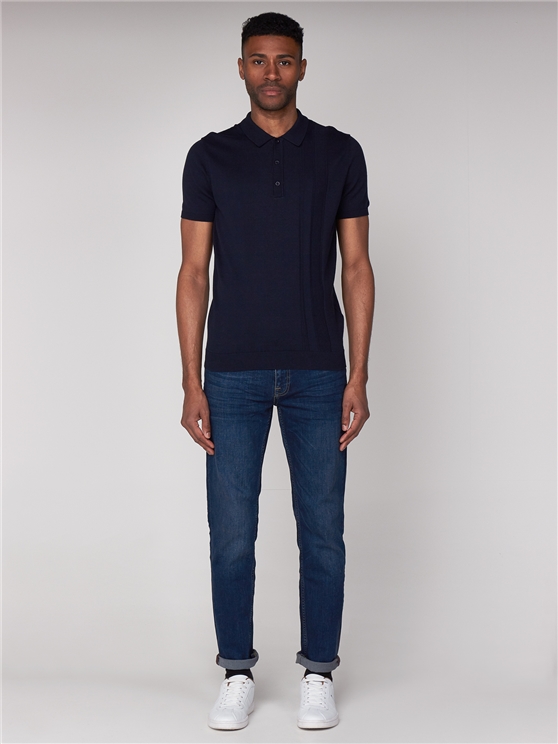 Navy Textured Front Knitted Polo