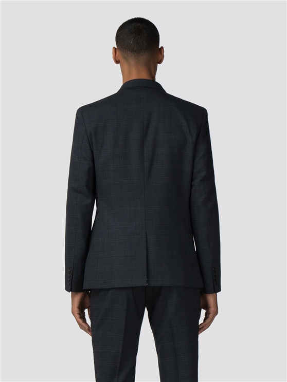 Deep Blue Textured Check Stretch Camden Fit Jacket