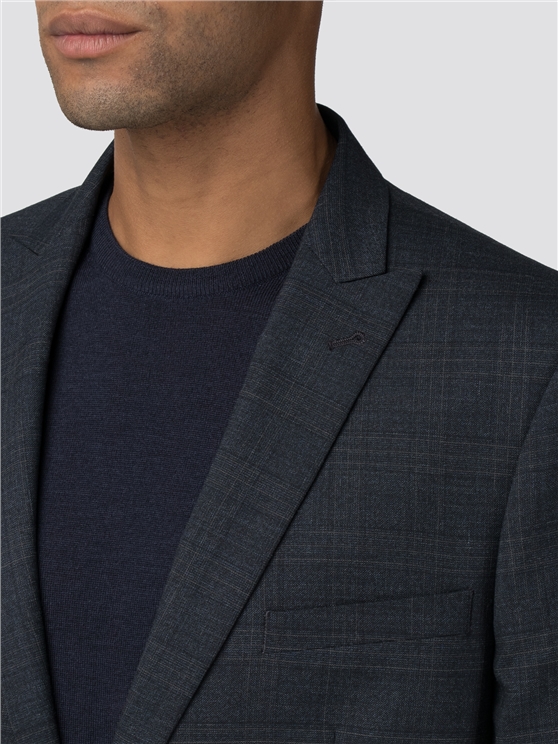 Deep Blue Textured Check Stretch Camden Fit Jacket