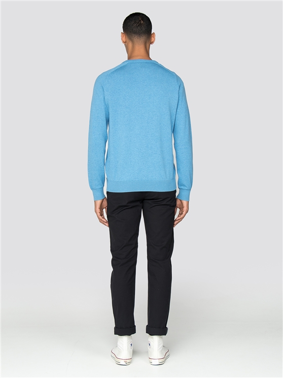 Blue Cotton Knitted Crew Neck Jumper