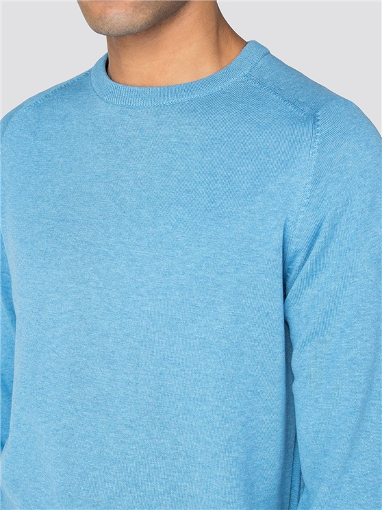Blue Cotton Knitted Crew Neck Jumper